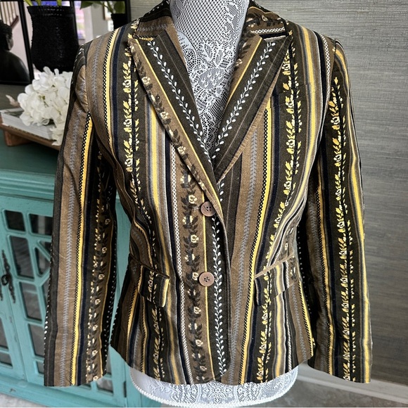 Grace Green & Yellow Boho Striped Velvet Blazer Fall Layering Essential, Size: 4 - Picture 1 of 13